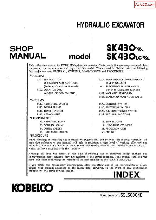 Kobelco SK430 SK430LC Excavator Workshop Manual S5LS0004E - Image 2