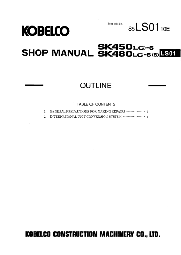 Kobelco SK450LC-6 SK480LC-6S Excavator Workshop Manual S5LS0010E - Image 9