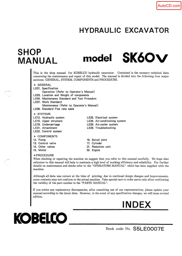 Kobelco SK60V Excavator Workshop Manual S5LE0007E - Image 2