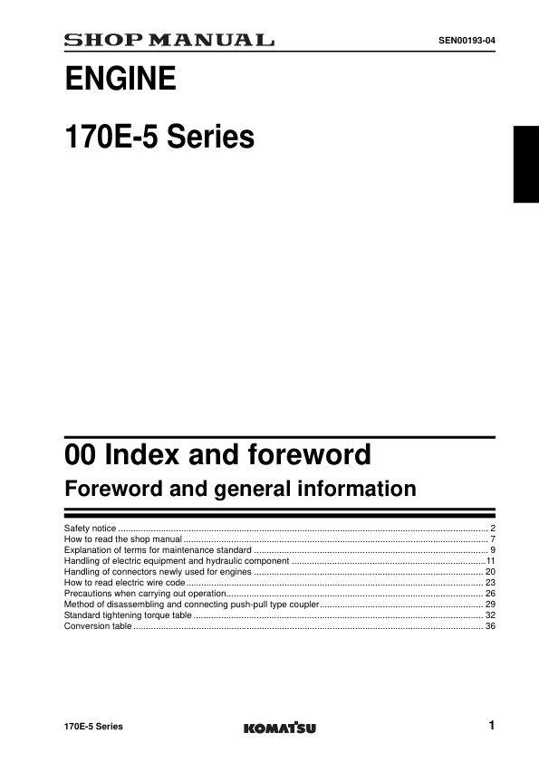 Komatsu 170E-5 Series Diesel Engine Workshop Manual SEN00190-11 - Image 3