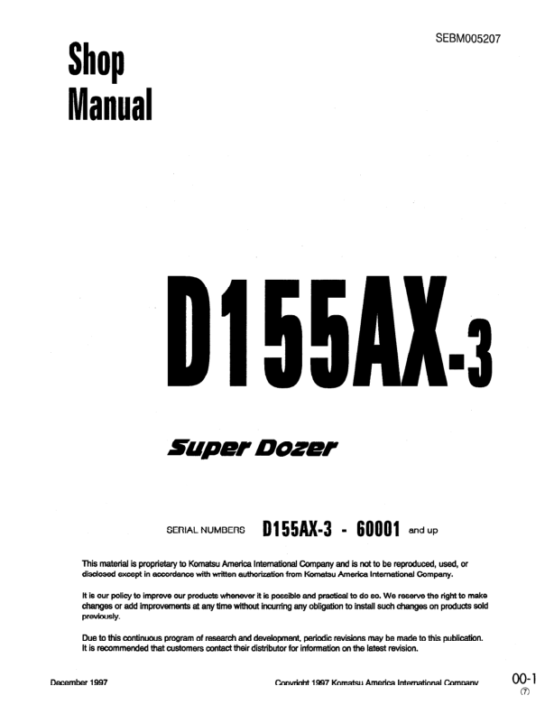 Komatsu D155AX-3 Bulldozer Workshop Manual SN 60001 and UP - Image 2