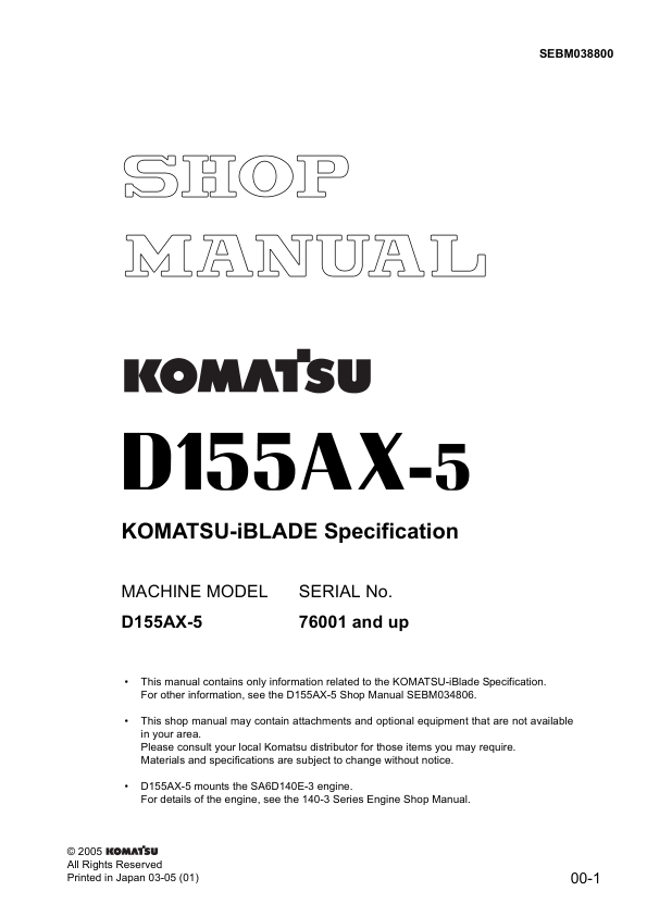 Komatsu D155AX-5 Bulldozer Workshop Manual SN 76001 and UP v038800 - Image 2