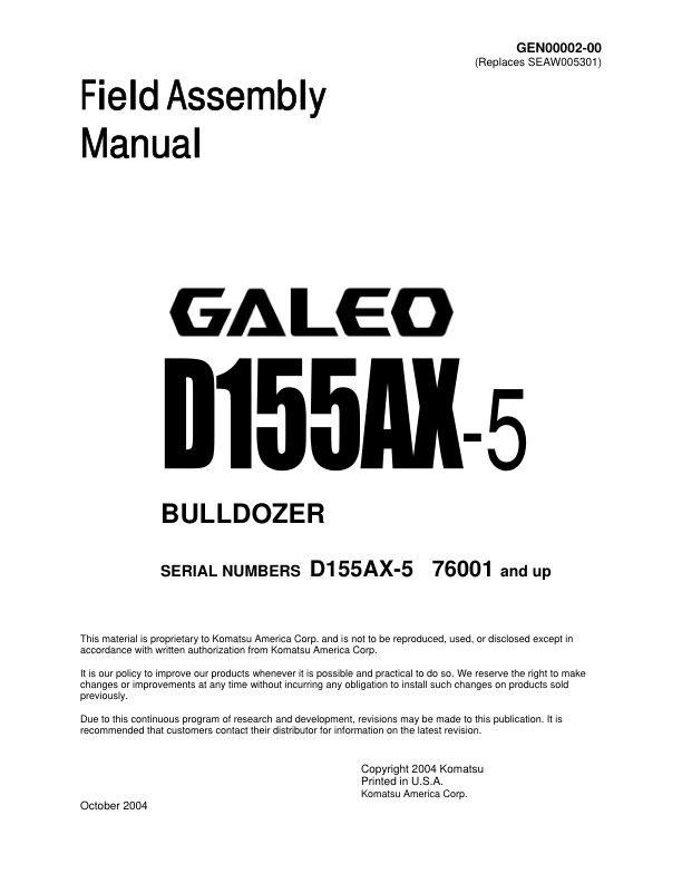 Komatsu D155AX-5 Galeo Bulldozer Field Assembly Manual SN 76001 and UP - Image 2