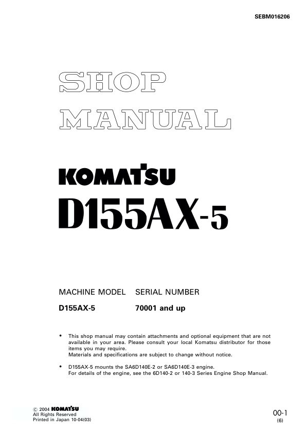 Komatsu D155AX-5Bulldozer Workshop Manual SN 70001 and UP - Image 2