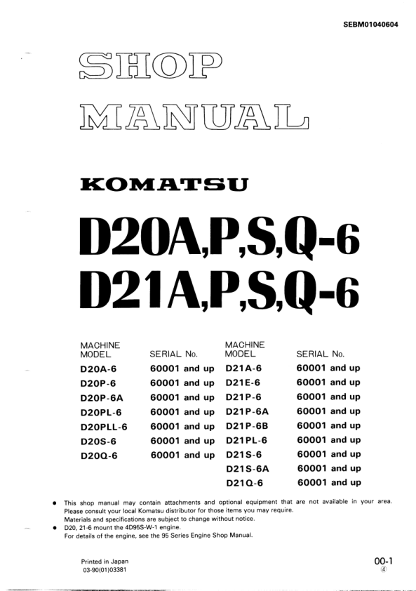 Komatsu D20A D21A P S Q-6 Bulldozer Workshop Manual SN 60001 and UP - Image 2