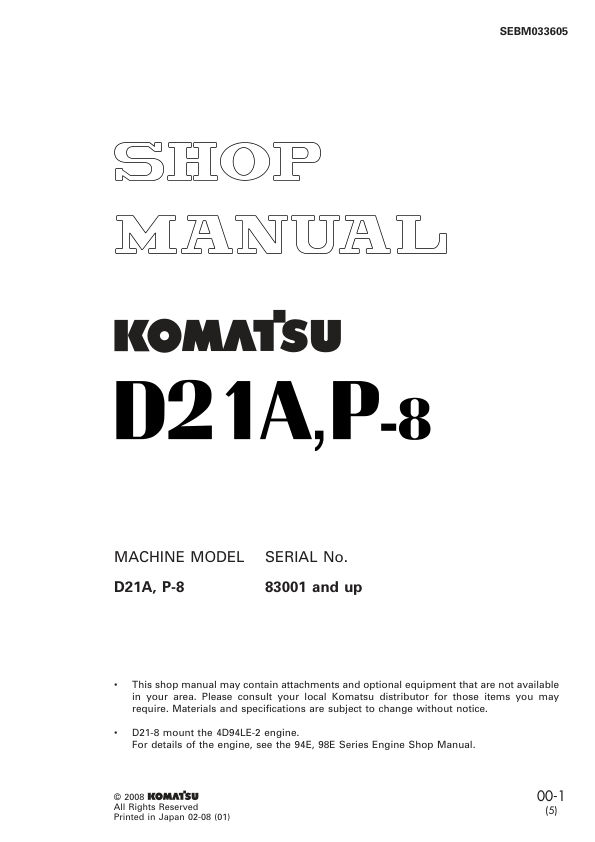Komatsu D21A P-8 Bulldozer Workshop Manual SN 83001 and UP - Image 2