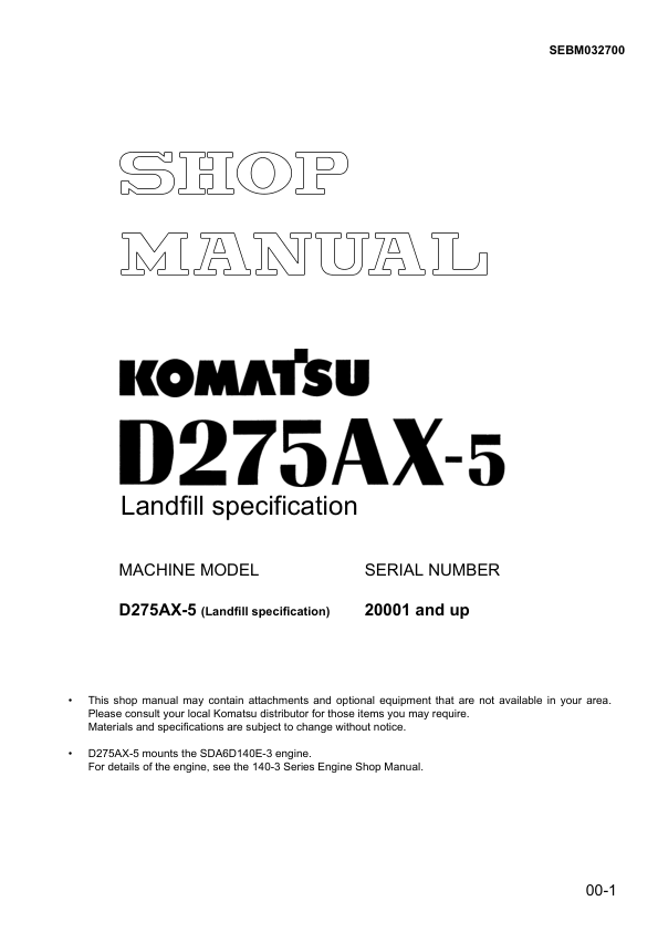 Komatsu D275AX-5 Bulldozer Workshop Manual SN 2001 and UP - Image 2