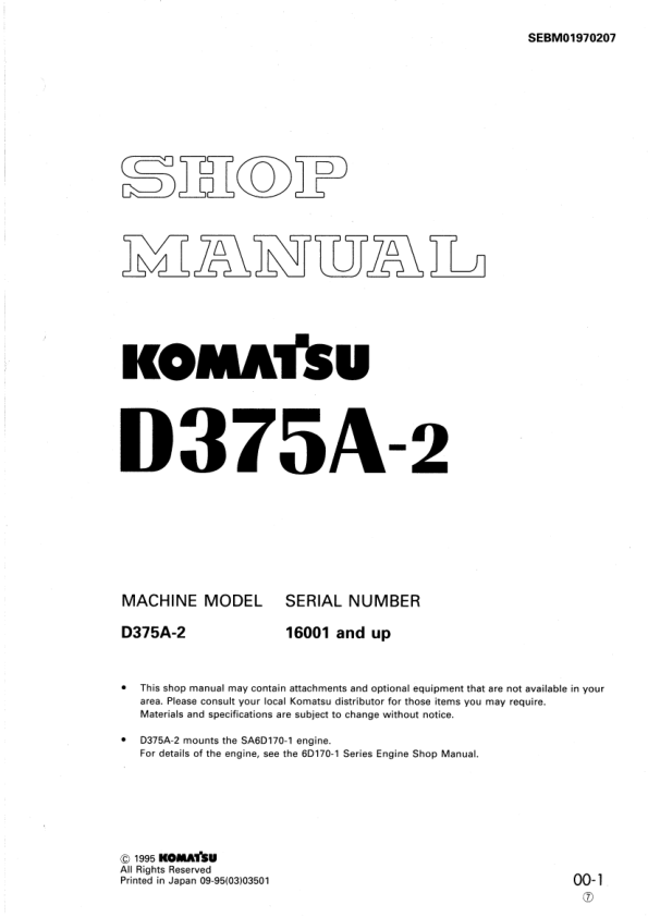 Komatsu D375A-2Bulldozer Workshop Manual SN 16001 and UP - Image 2