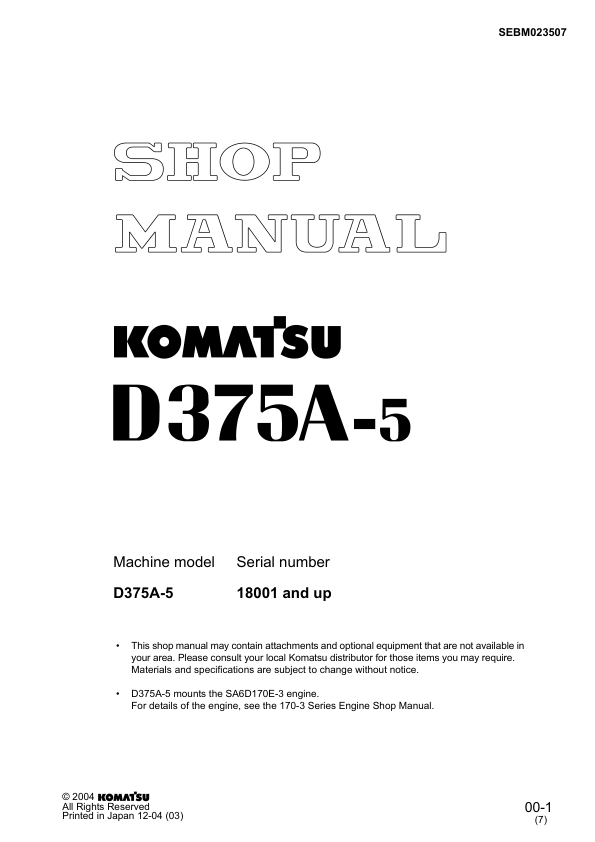 Komatsu D375A-5 Bulldozer Workshop Manual SN 18001 and UP v023507 - Image 2