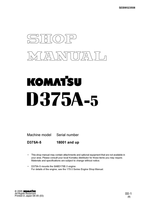 Komatsu D375A-5 Bulldozer Workshop Manual SN 18001 and UP v023508 - Image 2