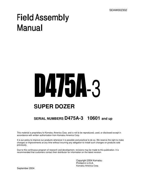 Komatsu D475A-3 Super Dozer Field Assembly Manual SN 10601 and UP - Image 2
