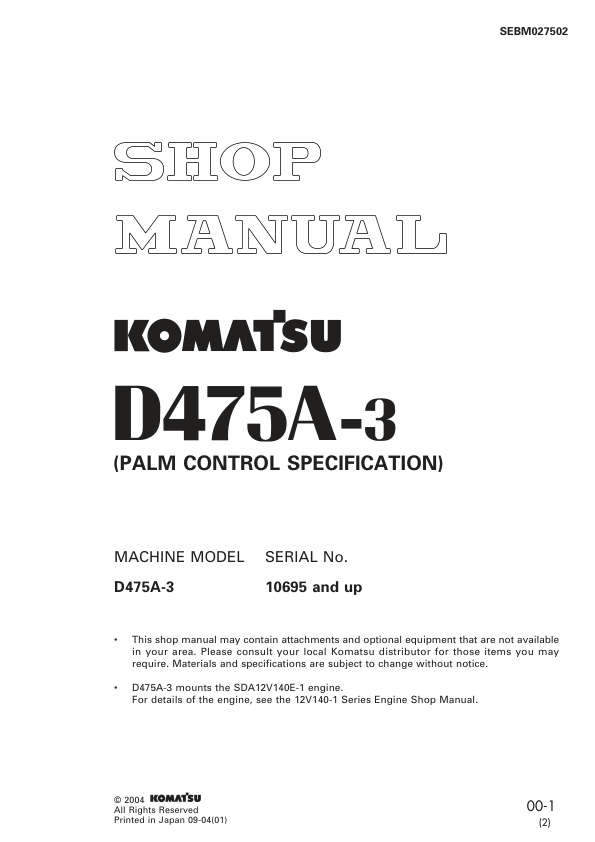 Komatsu D475a-3 PALM Control Bulldozer Workshop Manual SN 10695 and UP - Image 2