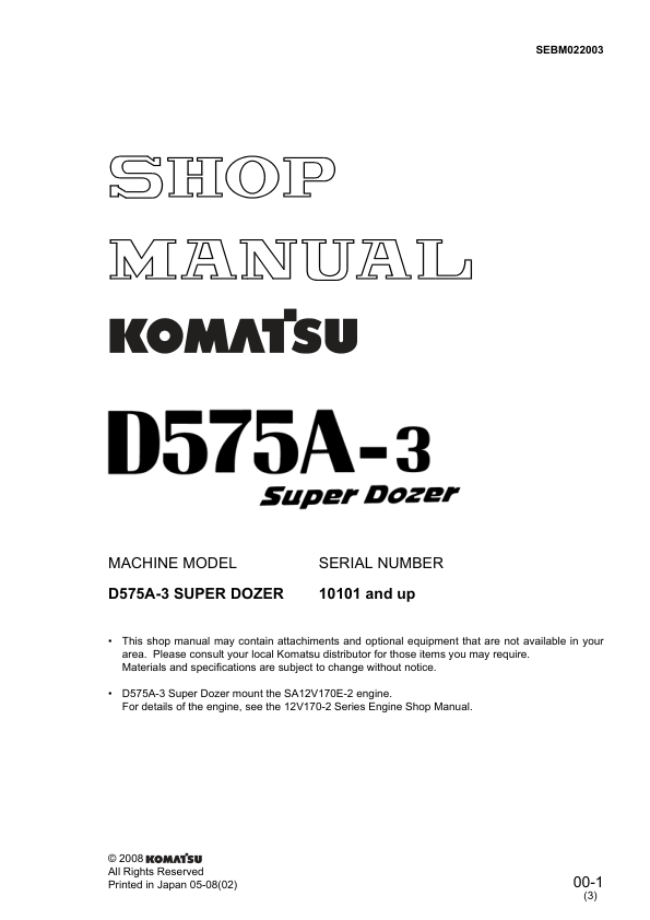 Komatsu D574A-3 Super Dozer Workshop Manual SN 10101 and UP - Image 2