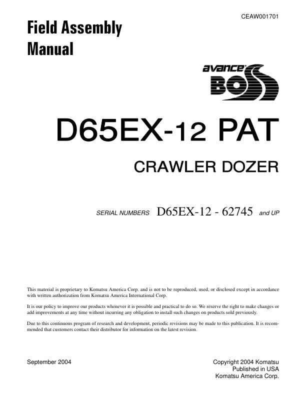 Komatsu D65EX-12 PAT Bulldozer Field Assembly Instruction SN 62745 and UP - Image 2