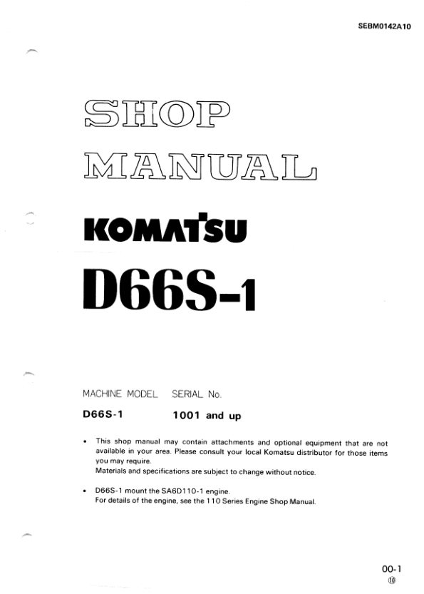 Komatsu D66S-1 Crawer Loaders Workshop Manual SN 1001 and UP Printed Book - Image 2