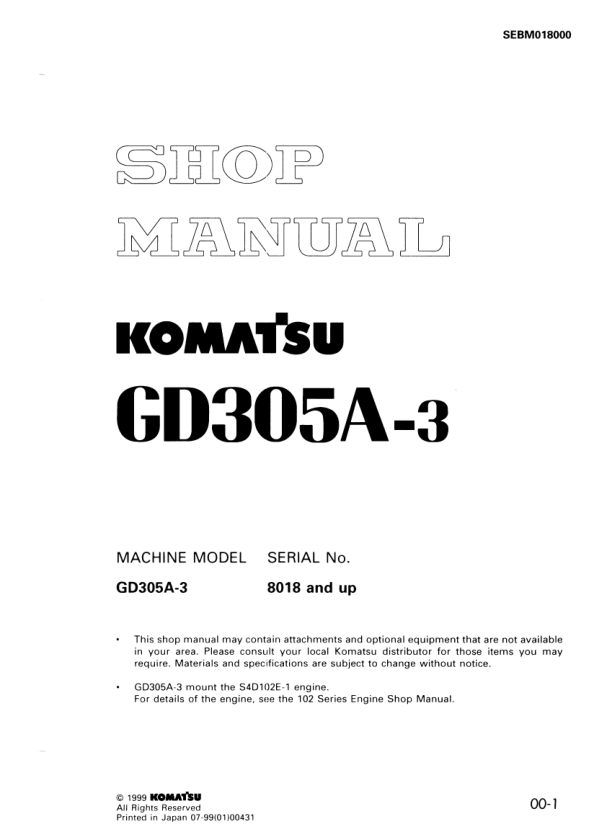 Komatsu GD305A-3 Motor Grader Workshop Manual SN 8018 and UP - Image 2