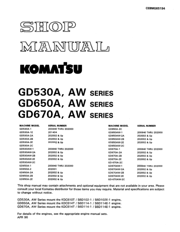 Komatsu GD530A GD650A GD670A AW Series Motor Grader Workshop Manual - Image 2