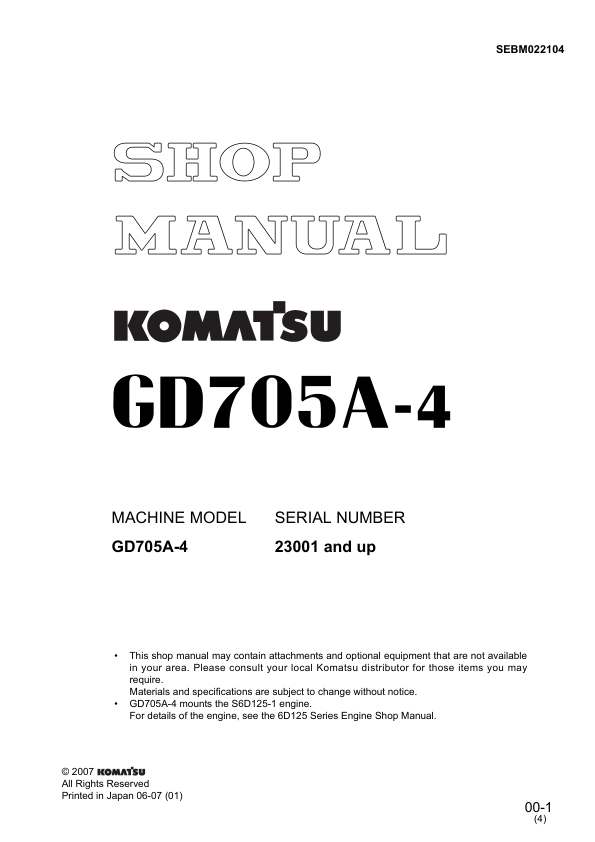 Komatsu GD705A-4 Motor Grader Workshop Manual SN 23001 and UP - Image 2