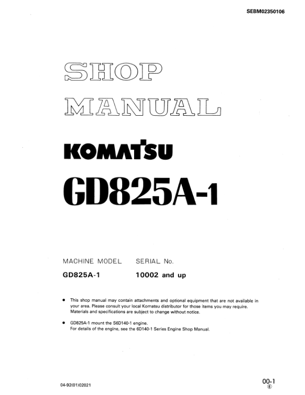Komatsu GD825A-1 Motor Grader Workshop Manual SN 10002 and UP - Image 2