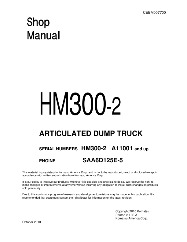 Komatsu HM300-2 Dump Truck Workshop Manual SN A11001 and UP - Image 2
