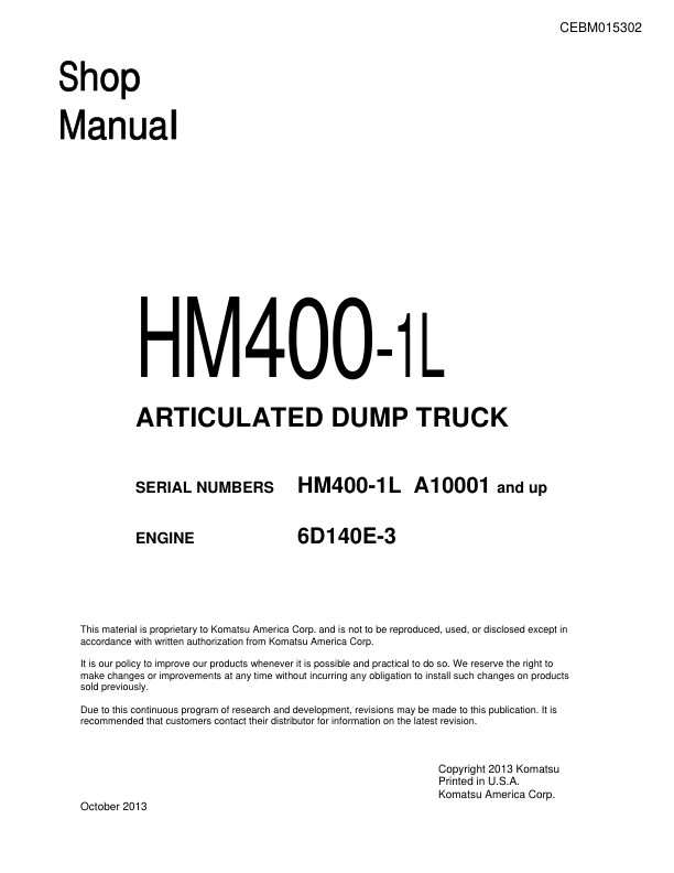 Komatsu HM400-1L Dump Truck Workshop Manual SN A10001 and UP - Image 2