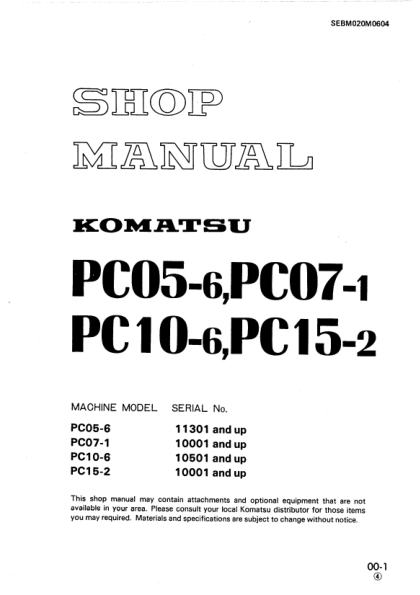 Komatsu PC05-6 PC07-1 PC10-6 PC15-2 Excavator Workshop Manual SN 11301 10001 10501 and UP - Image 2