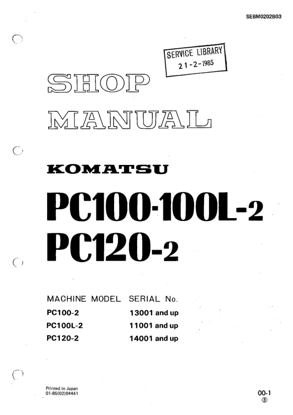 Komatsu PC100-100L-2 PC120-2 Excavator Workshop Manual SN 13001 11001 14001 and UP - Image 2