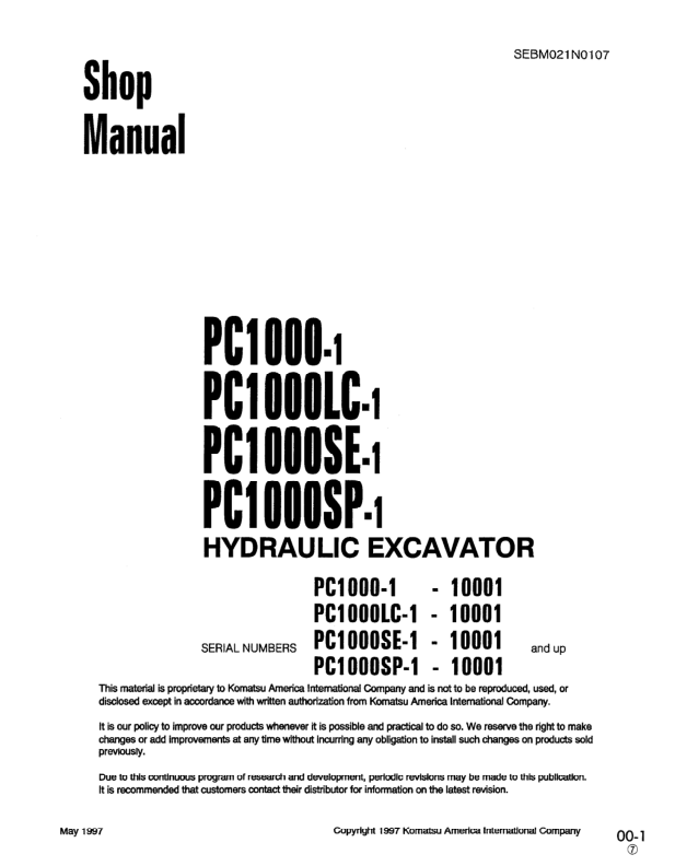 Komatsu PC1000-1 LC-1 SE-1 SP-1 Excavator Workshop Manual SN 10001 and UP - Image 2