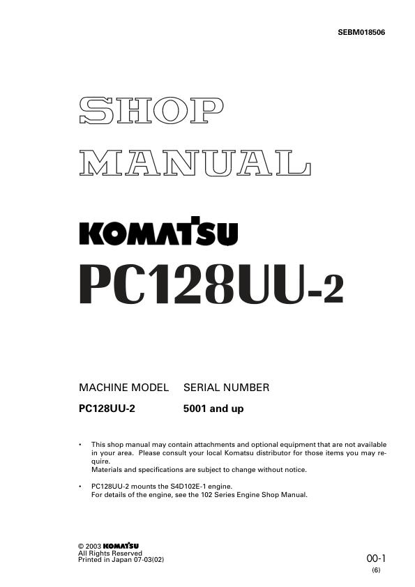 Komatsu PC128UU-2 Excavator Workshop Manual SN 5001 and UP - Image 2