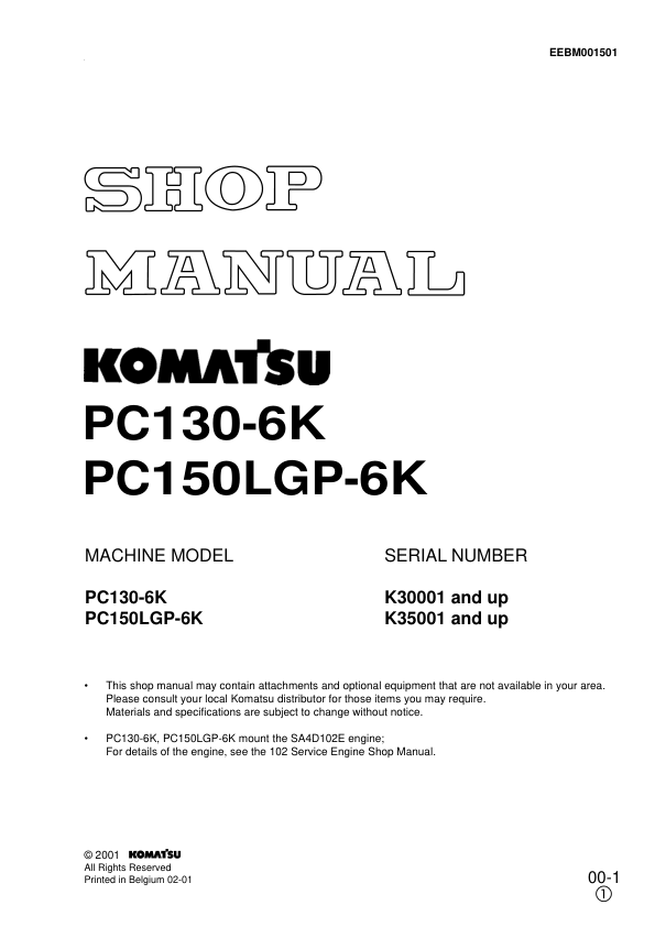 Komatsu PC130-6K PC150LGP-6K Excavator Workshop Manual SN K30001 K35001 and UP - Image 2