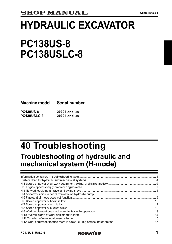 Komatsu PC138US-8 PC130USLC-8 Excavator Workshop Manual SN 20001 and UP - Image 18