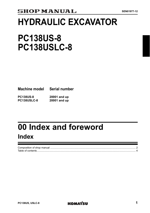 Komatsu PC138US-8 PC130USLC-8 Excavator Workshop Manual SN 20001 and UP - Image 6