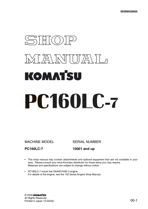 Komatsu PC160LC-7 Excavator Workshop Manual SN 10001 and UP SEBM028600 - Image 2