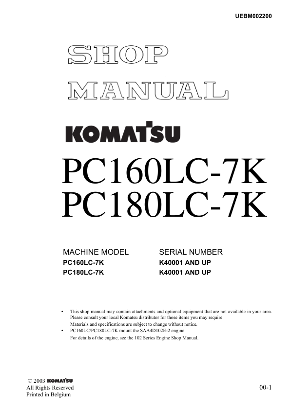 Komatsu PC160LC-7K PC180LC-7K Excavator Workshop Manual SN K40001 and UP - Image 2