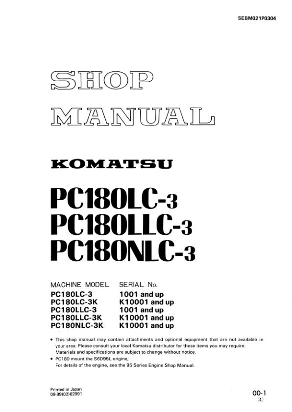 Komatsu PC180LC-3 LLC-3 NLC-3 Excavator Workshop Manual SN 1001 K10001 and UP - Image 2