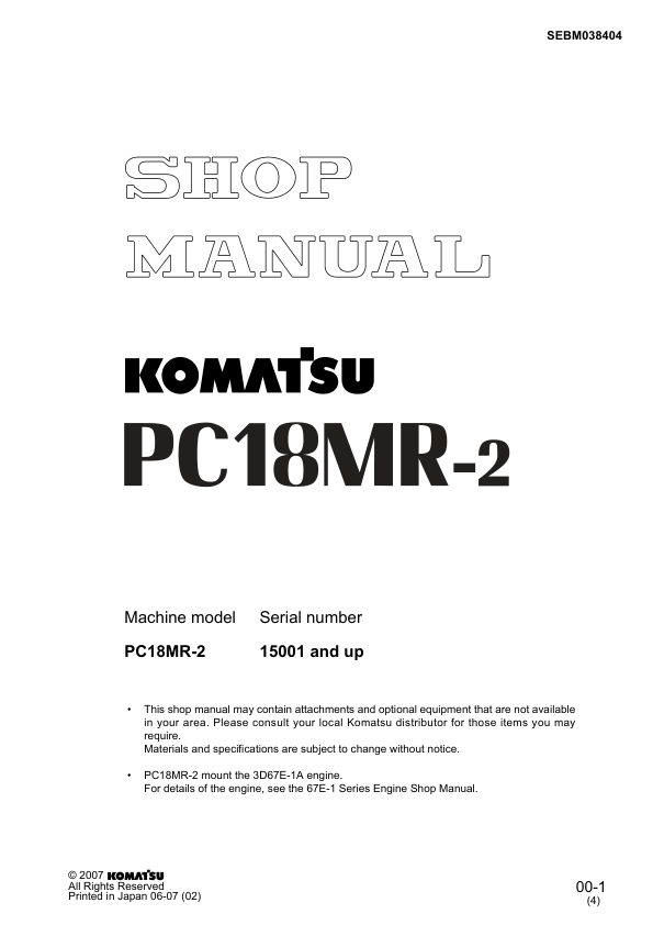 Komatsu PC18MR-2 Excavator Workshop Manual SN 10001 and UP - Image 2