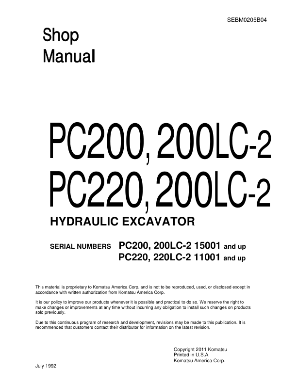 Komatsu PC200 PC200LC-2 PC220 Excavator Workshop Manual SN 15001 11001 and UP - Image 2