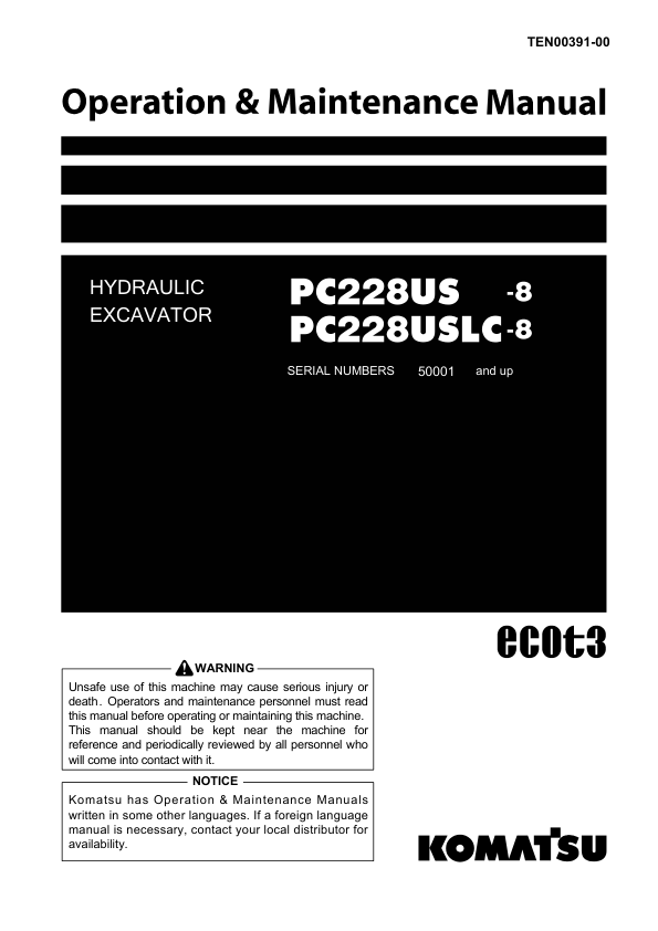 Komatsu PC228US-8 PC228USLC-8 Excavator Operation and Maintenance Manual SN 50001 and UP - Image 2