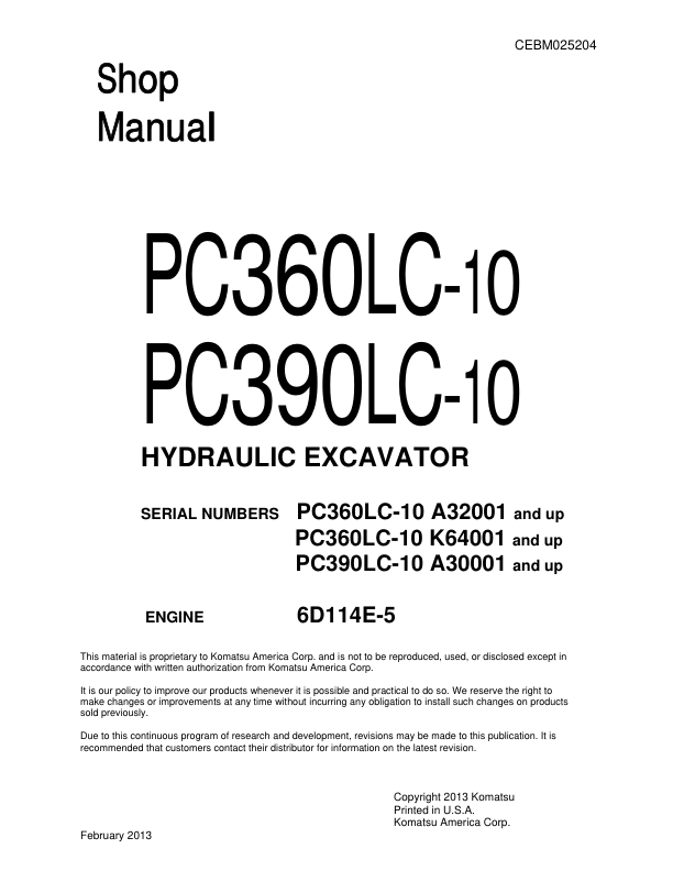 Komatsu PC360LC1- PC390LC-10 Excavator Workshop Manual SN A32001 K64001 A30001 and UP - Image 2