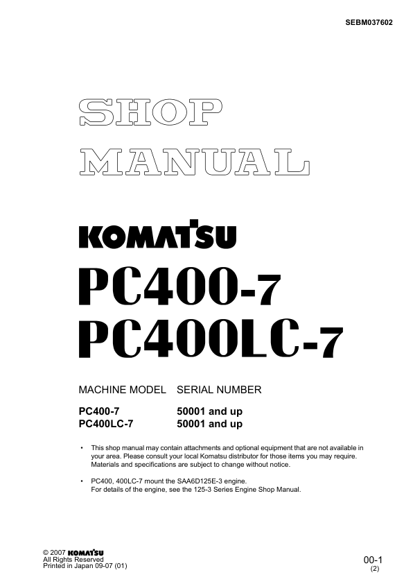 Komatsu PC400-7 PC400LC-7 Excavator Workshop Manual SN 50001 and UP - Image 2