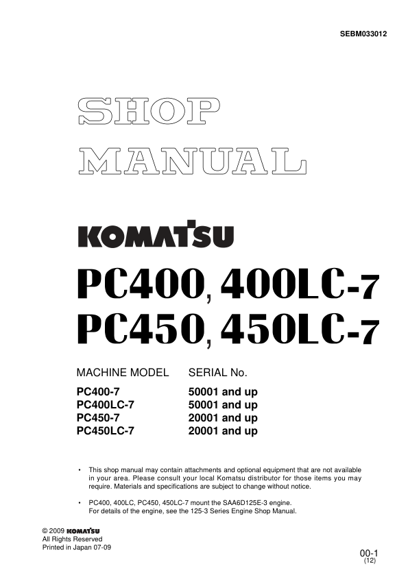 Komatsu PC400 PC450 LC-7 Excavator Workshop Manual SN 50001 20001 and UP - Image 2
