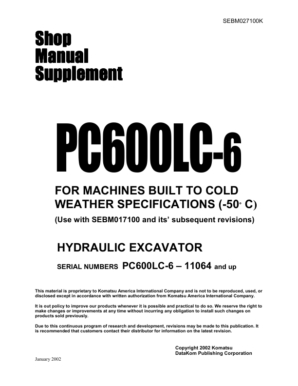 Komatsu PC600LC-6 Excavator Workshop Manual SN 11064 and UP - Image 2