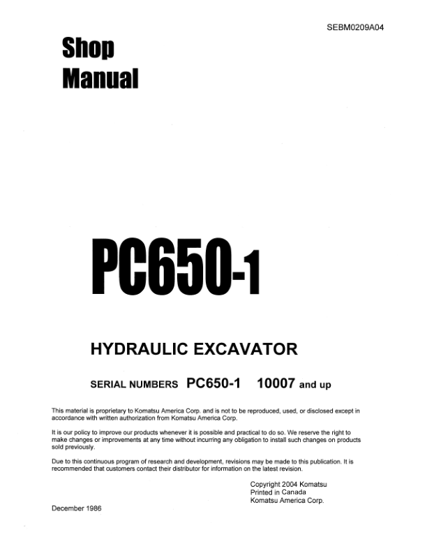 Komatsu PC650-1 Excavator Workshop Manual SN 10007 and UP - Image 2