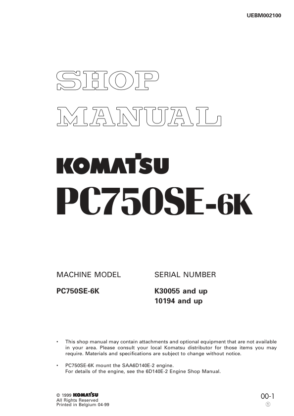 Komatsu PC750SE-6K Excavator Workshop Manual SN K30055 10194 and UP - Image 2