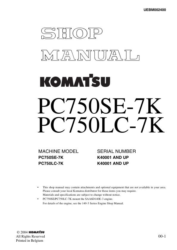 Komatsu PC750SE-7K PC750LC-7K Excavator Workshop Manual SN K40001 and UP Printed Book - Image 2
