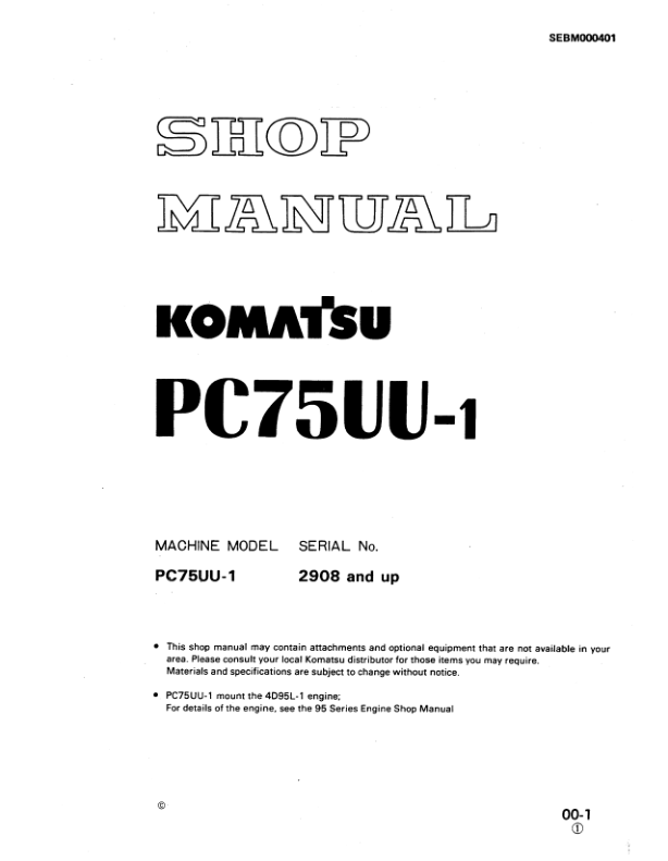 Komatsu PC75UU-1 Excavator Workshop Manual SN 2908 and UP Printed Book - Image 2