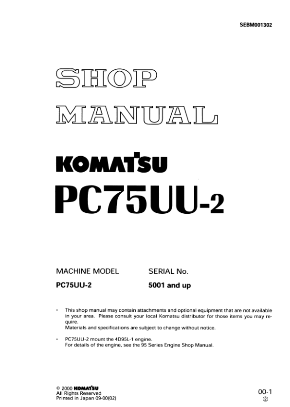 Komatsu PC75UU-2 Excavator Workshop Manual SN 5001 and UP - Image 2