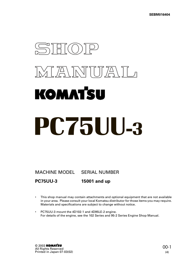 Komatsu PC75UU-3 Excavator Workshop Manual SN 15001 and UP - Image 2