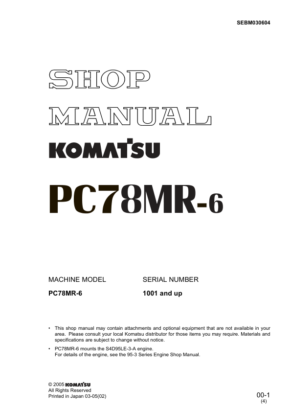 Komatsu PC78MR-6 Excavator Workshop Manual SN 1001 and UP - Image 2