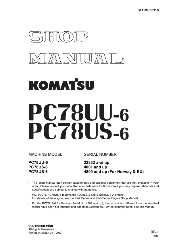 Komatsu PC78UU-6 PC78US-6 Excavator Workshop Manual SN 22832 4001 4809 and UP - Image 2